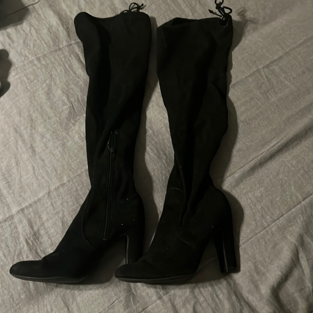 Over the knee black suede material boots- gently worn-